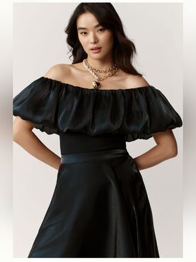 Off-the-Shoulder Black Puff-Sleeve Blouse